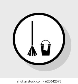 Broom and bucket sign. Vector. Flat black icon in white circle with shadow at gray background.