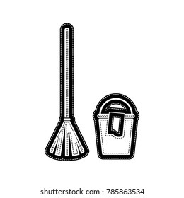 Broom and bucket sign. Vector. Flat style black icon on white.