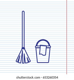 Broom and bucket sign. Vector. Navy line icon on notebook paper as background with red line for field.