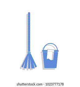 Broom and bucket sign. Vector. Neon blue icon with cyclamen polka dots pattern with light gray shadow on white background. Isolated.