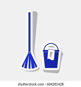 Broom and bucket sign. Vector. New year bluish icon with outside stroke and gray shadow on light gray background.