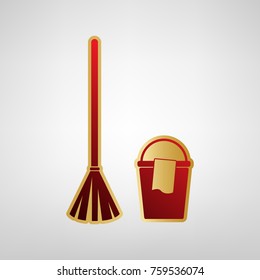 Broom and bucket sign. Vector. Red icon on gold sticker at light gray background.