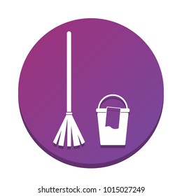 Broom and bucket sign. Vector. White icon with flat shadow on purpureus circle at white background. Isolated.
