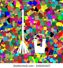Broom and bucket sign. Vector. White icon on colorful background with seamless pattern from squares.