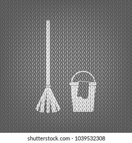 Broom and bucket sign. Vector. White knitted icon on gray knitted background. Isolated.