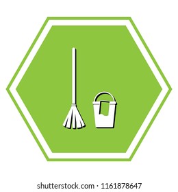 Broom and bucket sign. Vector. White icon with black shadow at yellow green honeycomb on white background.