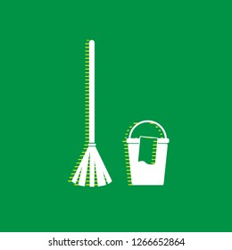 Broom and bucket sign. Vector. White flat icon with yellow striped shadow at green background.