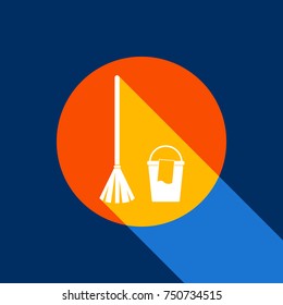 Broom and bucket sign. Vector. White icon on tangelo circle with infinite shadow of light at cool black background. Selective yellow and bright navy blue are produced.