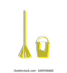 Broom and bucket sign. Vector. Yellow icon with square pattern duplicate at white background. Isolated.