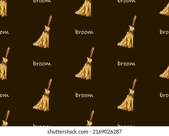 Broom cartoon character seamless pattern on brown background. Pixel style