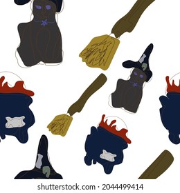 Broom, cat and pot, magic, Halloween