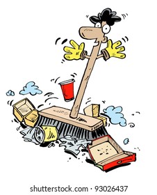 Broom character sweeping up litter