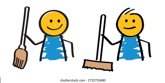 Broom, cleaning. Happy smile stickman emoji icon. Funny cartoon comic stick figures man, Vector cleanup sign. Draw cartoon person. Concept of clean up earth day Eco rubbish recycling, garbage