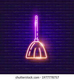 Broom for cleaning neon sign. Vector illustration for design. Broomstick luminous icon. Cleaning equipment symbol. Cleanliness concept.