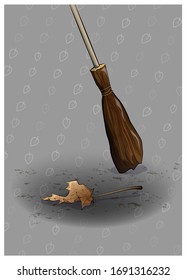 A broom and a dry maple leaf. Vector illustration