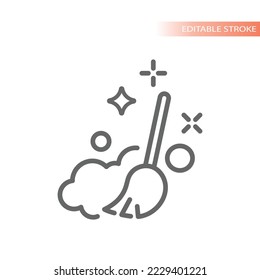 Broom and dust cleaning line vector icon. Broomstick dusting outlined symbol.