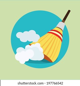 broom in dust clouds flat icon design