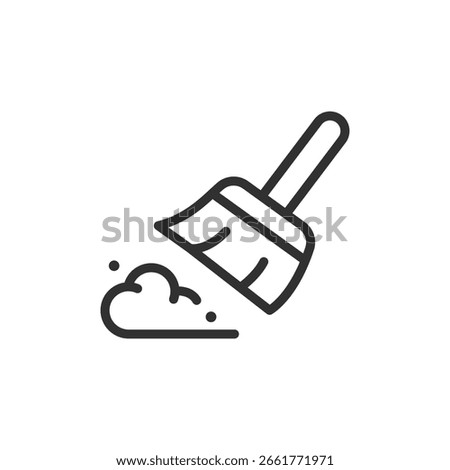 Broom with dust, linear icon. Cleaning and hygiene activity. Line with editable stroke.
