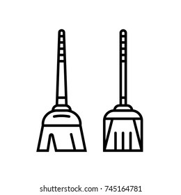 Broom and dust pan flat line icons. Broomstick and scoop vector 