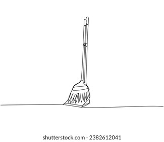 Broom and dustpan, cleaning brush, construction site, cleaning one line art. Continuous line drawing of repair, professional, hand, people, concept, support, maintenance.