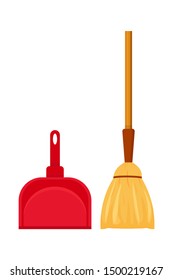 Broom and dustpan flat vector illustration. Household cleaning utensil set, housekeeping tools and equipment isolated clipart on white background. Mop and scoop cleaning supplies design elements