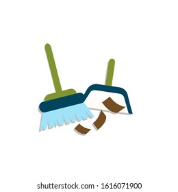 Broom and dustpan flat vector illustration. Household cleaning utensil set, housekeeping tools and equipment isolated clipart on white background. EPS 10