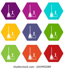 Broom and dustpan icon set many color hexahedron isolated on white vector illustration