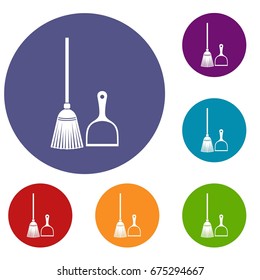 Broom and dustpan icons set in flat circle reb, blue and green color for web