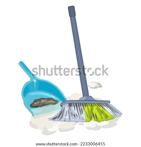 Broom and dustpan isolated on white background. Housework tools for cleaning garbage in house. Panicle with cleaning scoop for dust and waste swept from floor. Cleaning service. Vector illustration
