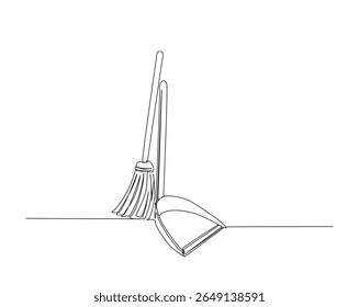 Vassoura com desenho contorno de poeira ilustração. um desenho de linha contínua de varredor e poeira.