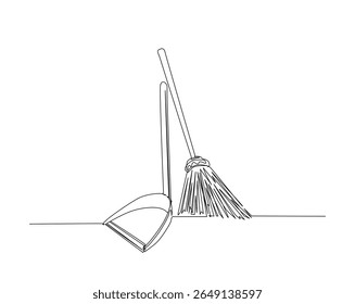 Balai avec illustration de dessin de contour de cuvette de poussière. un dessin au trait continu d'une balayeuse et d'une pelle à poussière.