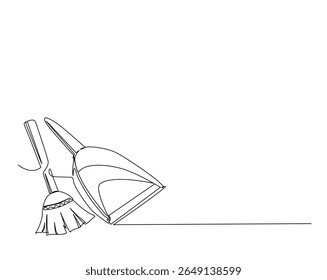 Balai avec illustration de dessin de contour de cuvette de poussière. un dessin au trait continu d'une balayeuse et d'une pelle à poussière.
