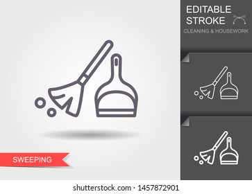 Broom and dustpan. Outline icon with editable stroke. Linear symbol of the cleaning and housework with shadow