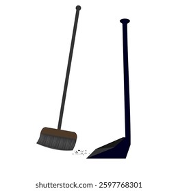 A broom and dustpan sweep up the trash