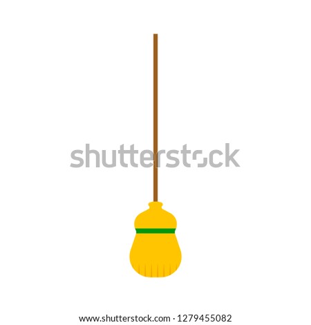 Broom equipment tool worl housework domestic. Wood yellow handle vector flat icon besom