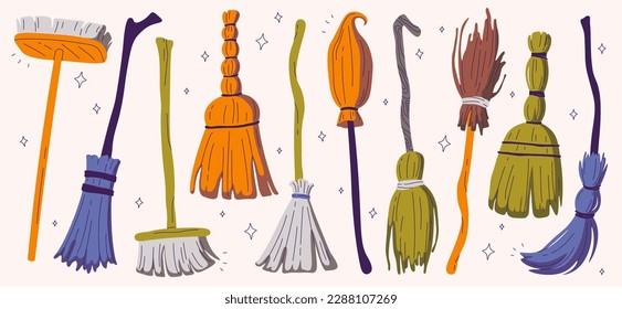 Broom flat icons set. Long-handled brush of bristles or twigs for sweeping. Housekeeping cleaning tool and special flying broom for witches. Color isolated illustrations