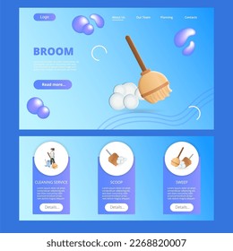Plantilla del sitio web de la página de aterrizaje plana de la habitación. Servicio de limpieza, primicia, barrido. Banner web con encabezado, contenido y pie de página. Ilustración vectorial.