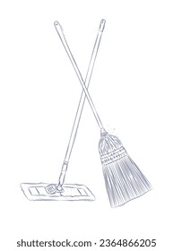Dibujo de escobas y mopas planas de estilo gráfico sobre fondo claro