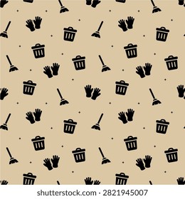 broom gloves trash bin black pattern