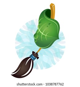 Broom and green leaf for bio cleaning symbol
