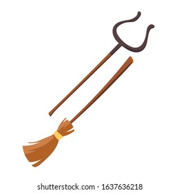 Broom and grip for pots with wooden stick. Vector cartoon household tools for cleaning and cooking, vintage rural equipment for housework isolated on white background