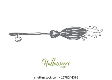 Broom, Halloween, witch, autumn, holiday concept. Hand drawn flying broom of witch concept sketch. Isolated vector illustration.