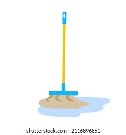 Broom for house cleaning. Mop tool with long orange handle.