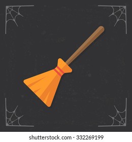 Broom icon. Cartoon witch broom. Wizard besom icon. Halloween illustration isolated on stylized dark background. Vector illustration