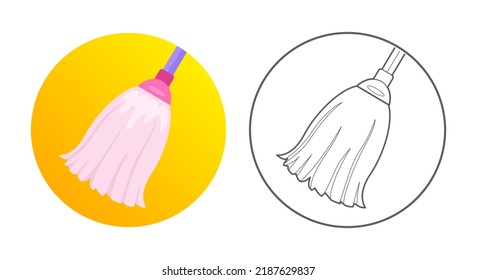 Icono de la habitación. Equipo de limpieza, herramientas y química. Icono colorido y delineado en círculo. Ilustración vectorial aislada en blanco.