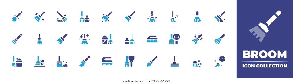 Broom icon collection. Duotone color. Vector illustration. Containing broom, brush, dust, sweep, cleaning, broomstick, mop, dustpan, cleaner. 