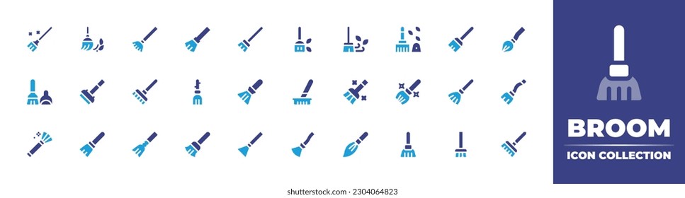 Broom icon collection. Duotone color. Vector illustration. Containing flying broom, broom, magic, sweeping, curling broom. 