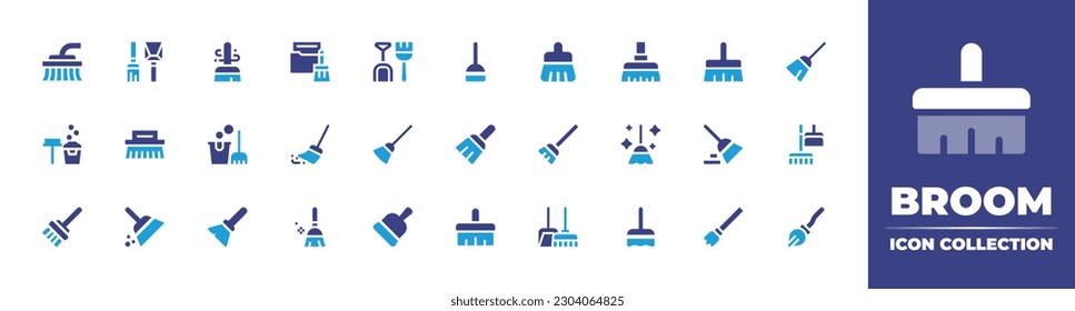 Kollektion von Zimmersymbolen. Duotonfarbe. Vektorgrafik. Mit Pinsel, Reinigungstools, Reinigungs-, Reinigungs-Werkzeug, Reiniger, Kehren, Besen, Reinigungsdienst, Besen, Flugbesen, Zauberbrom.