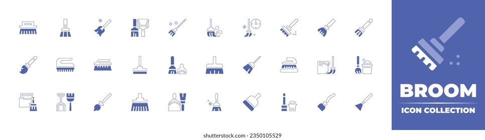 Broom icon collection. Duotone style line stroke and bold. Vector illustration. Containing brush, broom, magic, flying broom, sweep, cleaning, sweeping broom, witch, broomstick, and more.