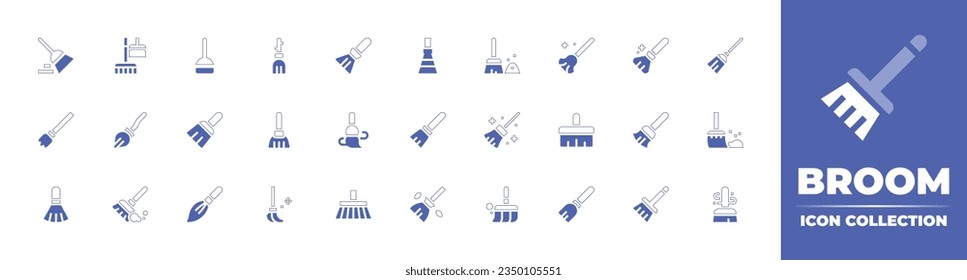 Broom icon collection. Duotone style line stroke and bold. Vector illustration. Containing broom, cleaning, magic broom, flying, clean, brush, sweeping, dust, and more.